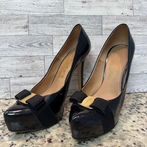 Salvatore Ferragamo Trilly Ferro Black Patent Heels